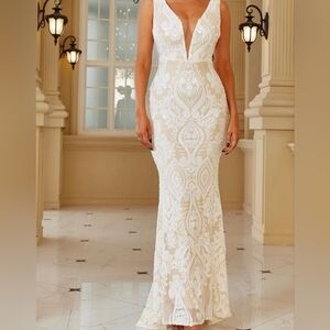White Sleeveless Plunge Neck High Low Bridal Gown